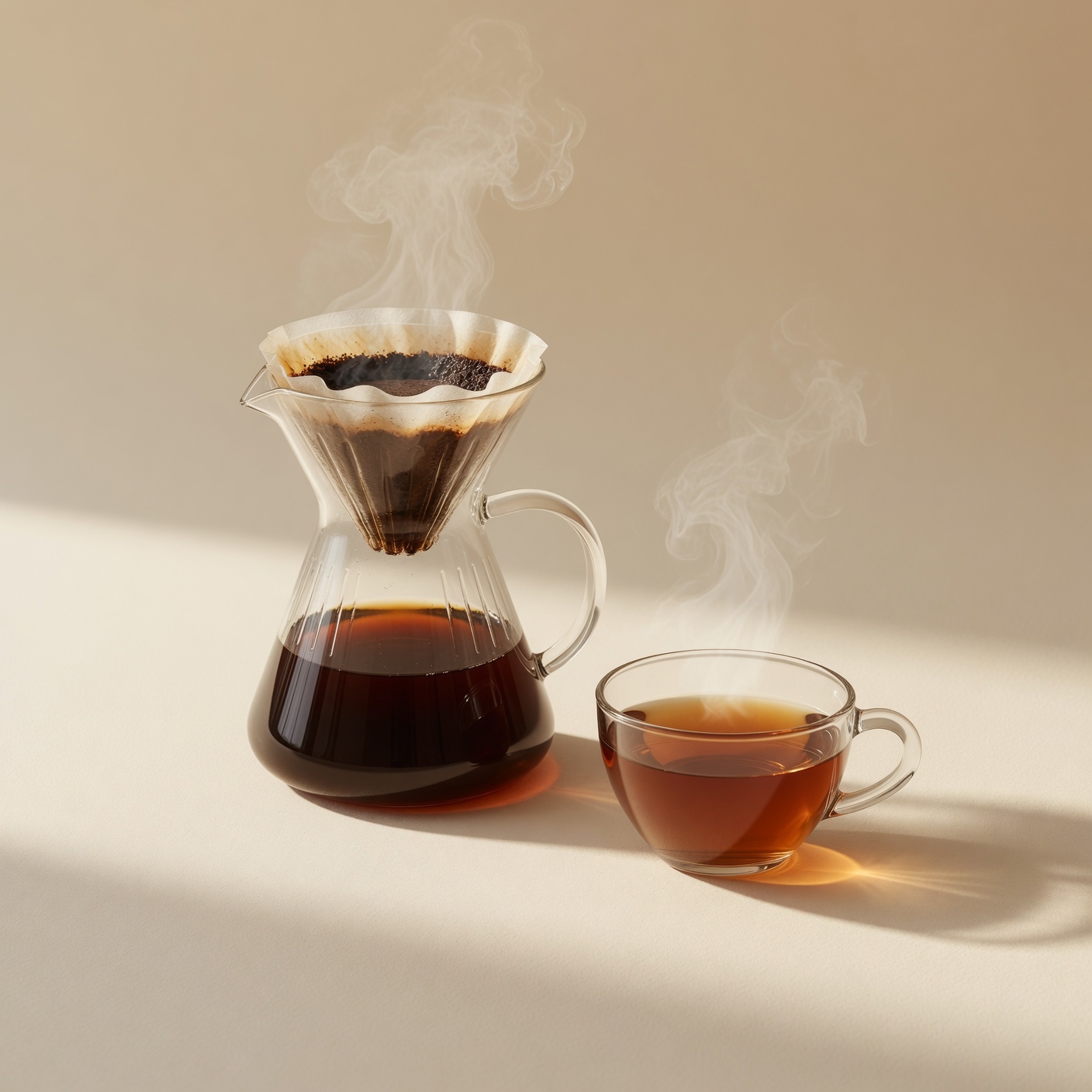A filter cone brewing over a glass carafe