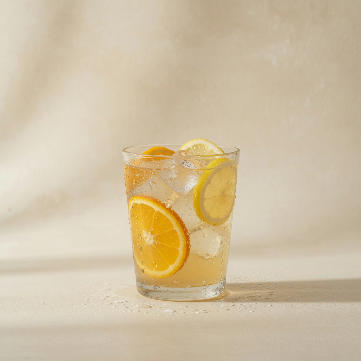 Citrus lemonade over ice with lemon and orange
