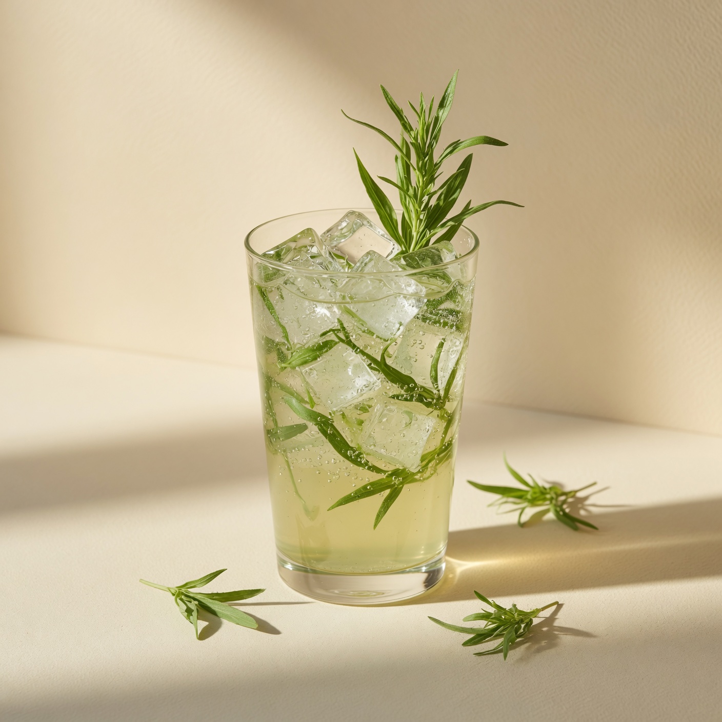 Bright green tarkhun lemonade with a tarragon sprig